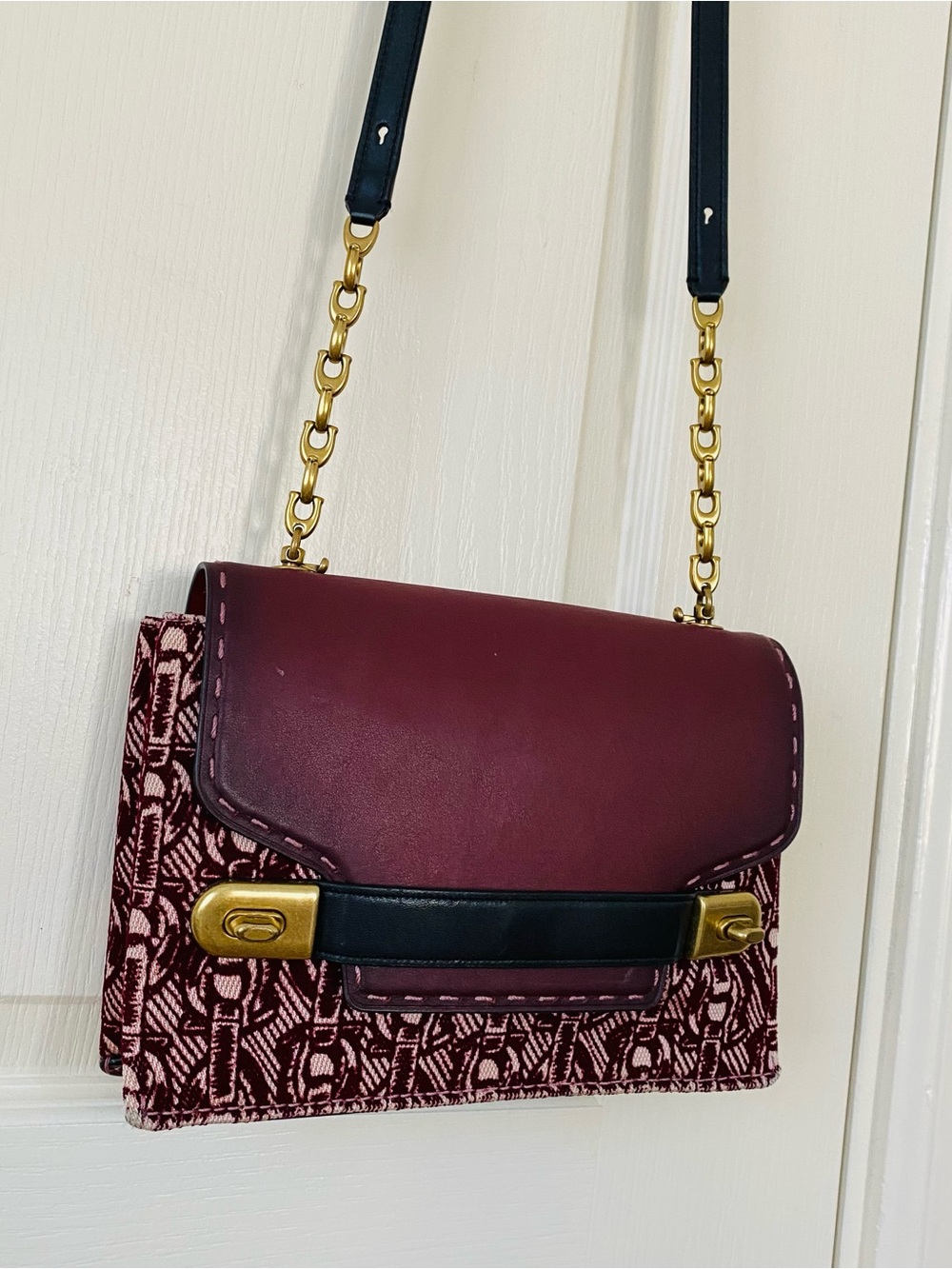 $595 Coach 1941 Swagger Burgundy Tweed Leather Chain Strap Crossbody Bag Clutch